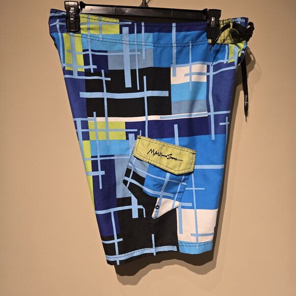 Maui & Sons Size 34 Men's Unlined Blue Green White Board Shorts - Picture 1 of 7